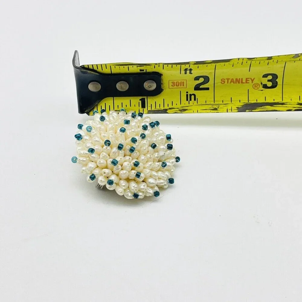 Freshwater Pearl Cluster Pin Teal Bead Accents Silver Tone Beach Coastal Islands - Picture 6 of 6